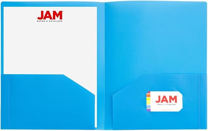 JAM PAPER Plastic 2 Pocket POP Folders - Durable School Folders - Light Blue - 6/Pack