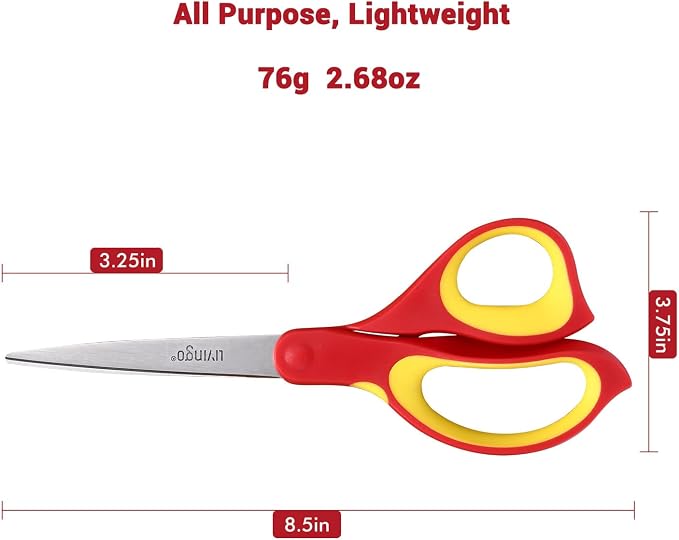 LIVINGO 8.5" 3 Pack Left Handed Scissors All Purpose Heavy Duty for Office | Sharp Stainless Steel Blades, Comfort Handles, Sewing & Crafting DIY Cutting Paper Fabric Ribbon, Home & School Use