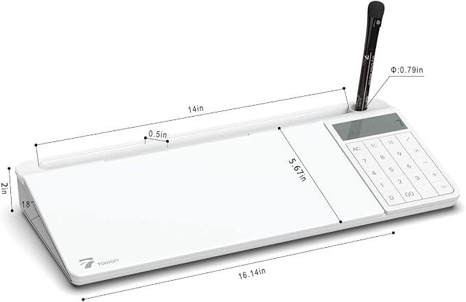 TOWON Glass Desk Whiteboard with Calculator 18x6 in, Desk Organizer, White | Desktop whiteboard with 12-digit LCD calculator. Storage for office, home, school. Glass dry erase with accessories.