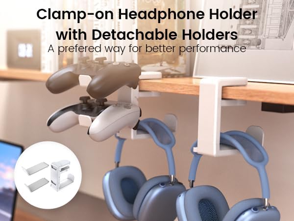 EURPMASK 3-in-1 Rotating Headphone Stand w/2 Detachable Controller Holders | Adjustable Clamp-on Headset Holder Hanger,Swivel,Gaming Headset Hanger,Cable Organizer,Father's Day Birthday Christmas Gift