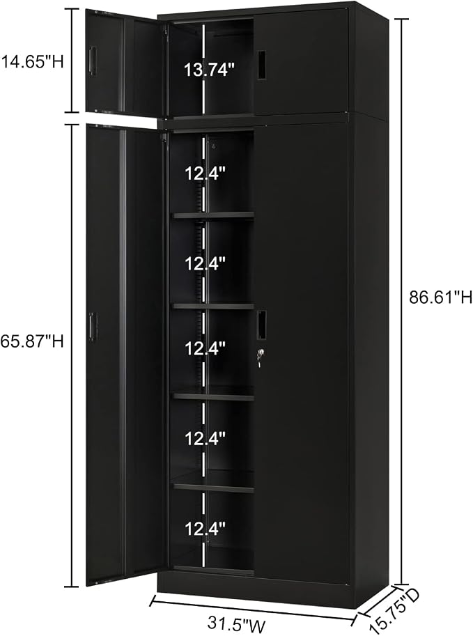 BESFUR 87" Tall Metal Storage Cabinet with Top Cabinet, Locking Garage Storage Cabinet with 4 Adjustable Shelves, Heavy-Duty Tall Cabinet for Home Office, Utility Room, Warehouse, School (Black)