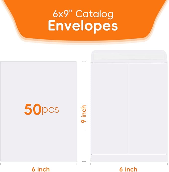 50 Pack 6x9 Envelopes Self Seal, White Catalog Mailing Envelopes 6 x 9 Manilla Envelopes for Mailing, Organize, Storage, Home, Office Business