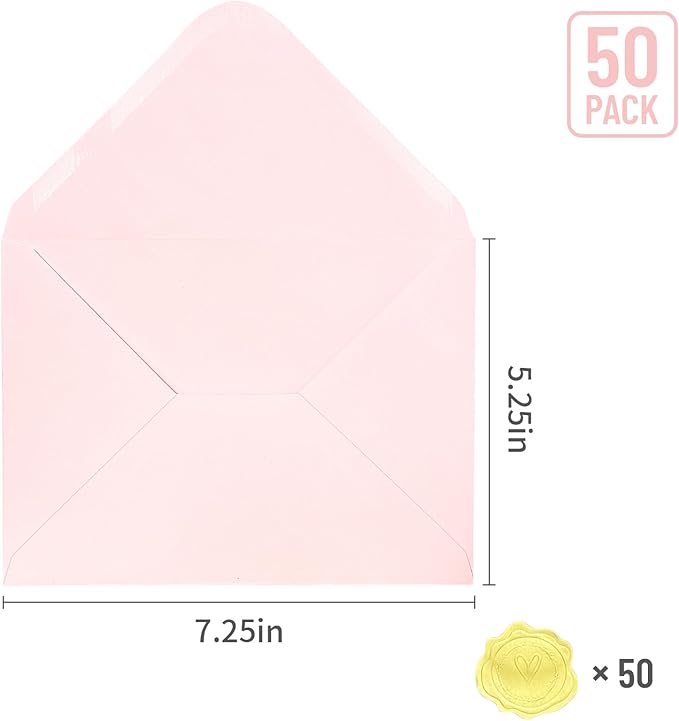 YINUOYOUJIA 50 PCS Pink Specialty Paper Envelopes A7, 5 x 7 Envelopes for Invitation, Great for Wedding Invitation Cards, Photos,Perfect for Birthday, Baby Shower, Graduation, Christmas