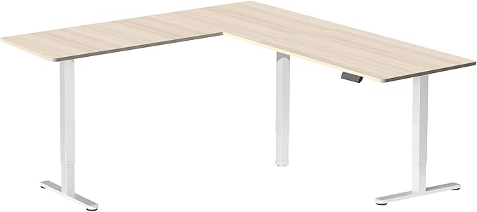 VIVO Corner Standing Desk, 84 x 63 inch Reversible L-Shaped Workstation, Electric Height Adjustment, Home, Office, and Reception Rooms, Light Wood Table Top White Frame, DESK-E3CTWC-84
