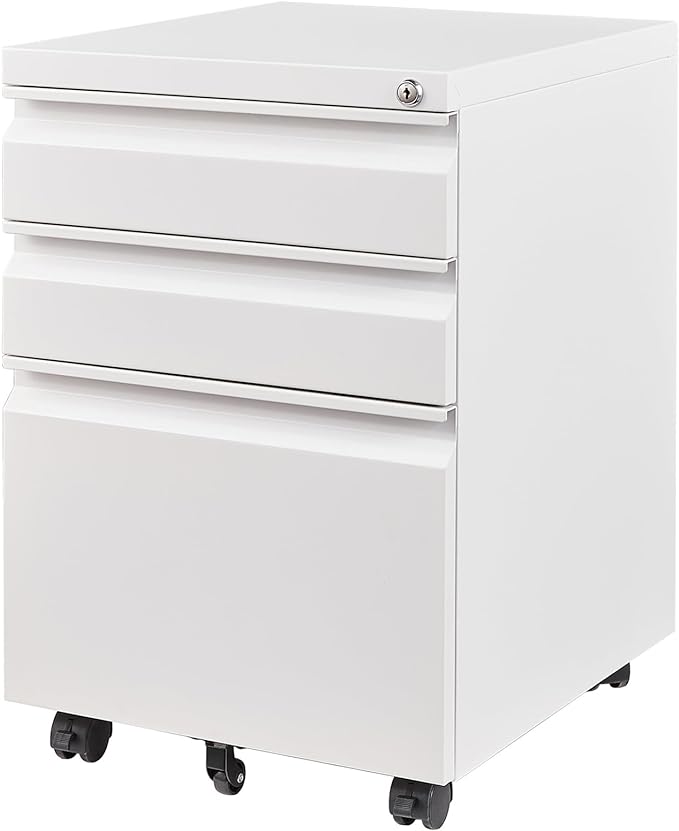 3 Drawer Mobile File Cabinet with Lock, Under Desk Metal Filing Cabinets for Home Office Organizer Letters/Legal/A4(Fully Assembled-White)