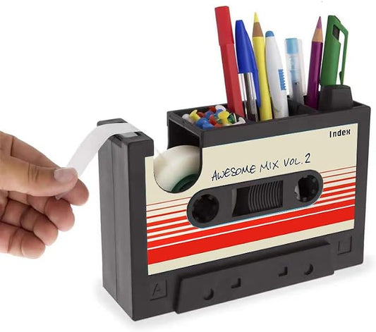 Retro Cassette Heat Tape Dispenser with Pen Holder for Desk Vintage 80s Office Mate Recycled 2-in-1 Office Stationery Storage Tape Dispenser Cute (Red Tape)