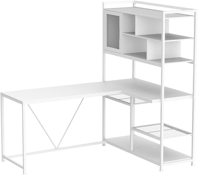 SEDETA L Shaped Computer Desk with Storage Shelves and Bookshelf, White | 58'' Reversible Office Desk with LED Light, Glass Door Cubby, L Shaped Corner Desk for Gaming, Two Monitors, Small Space