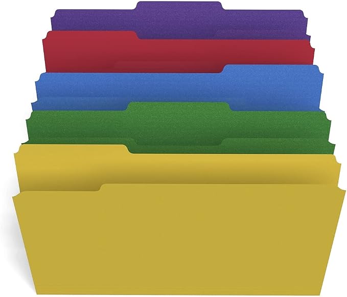 Staples File Folders, Legal Size, 1/3-Cut Tabs, Assorted, 100/Box | Heavy-duty paper stock for everyday legal-size document filing.