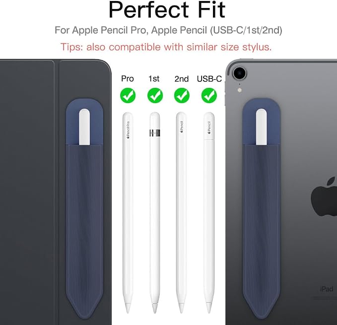 MoKo Adhesive Pencil Case Holder Sticker for Apple Pencil, Indigo | Elastic Pencil Pocket Pouch, Adhesive Sleeve, Attached to iPad Case, For Pro/USB-C/1st/2nd Gen and Similarly Stylus Pens