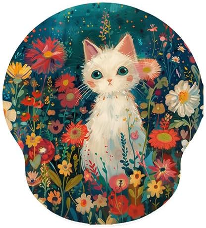 Auhoahsil Ergonomic Mouse Pad with Wrist Rest, Comfortable Silicone Non-Slip Computer Pain Relief Gel Mouse Mat with Wrist Support for Gaming, Work, Office, Women & Men, Cute Pattern, Cat Flowers