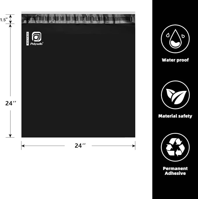 POLYSELLS 100 pcs 24x24 Inches Black Poly Mailers Shipping Envelopes, Strong Adhesive Sealing, Waterproof, and Tear-resistant Postal Mailing Bags for Clothing, Books, and Accessories