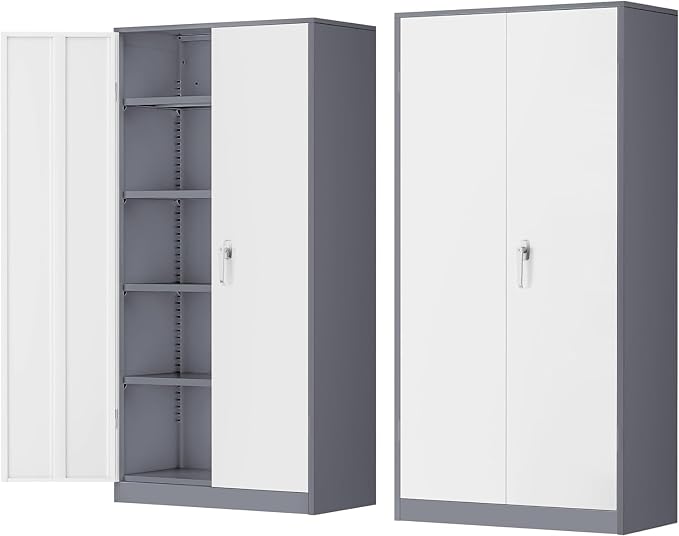 Metal Storage Cabinet Doors, 72" Locking Steel Storage Cabinet with Shelves, Tall Lockable Steel Cabinets for Home Office, Garage(New Grey)