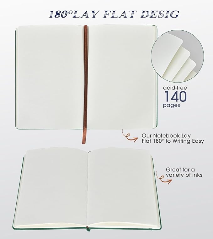 Blank Journal Notebook for Women Men, Hardcover Leather Sketchbook 5.7"×8.3", 140 Pages Unlined Sketch book for Drawing, Writing, Travel, School & Work, Journaling Notebooks (Green)