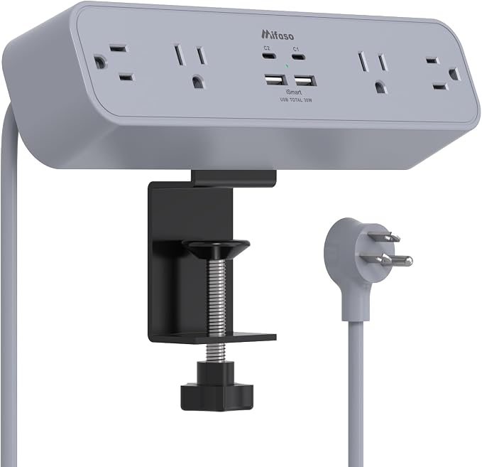 Mifaso PD30W Desk Clamp Power Strip, Surge Protector, Fast Charging Station | 4 Outlets, 4 USB (2 USBC), 5FT Extension Cord, Desk Organizer Gaming Accessories Home Office Essentials, Fits 1.96" Edge,Gray