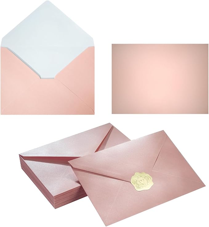 50 Pieces Shiny Envelopes with Gold Stickers, Pink, 4x6 | Gold Stickers Included, For Wedding Invitations, For Graduation, For Baby Shower, For Greeting Cards