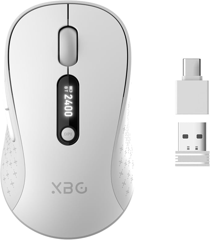 XBG B15pro Wireless Bluetooth Mouse, Bluetooth 5.0/4.0 & 2.4G Tri-Mode, Type-C Rechargeable with LED Screen Display, Ergonomic Silent Click for Laptop/PC/Tablet, Multi-Device & Office Use-White