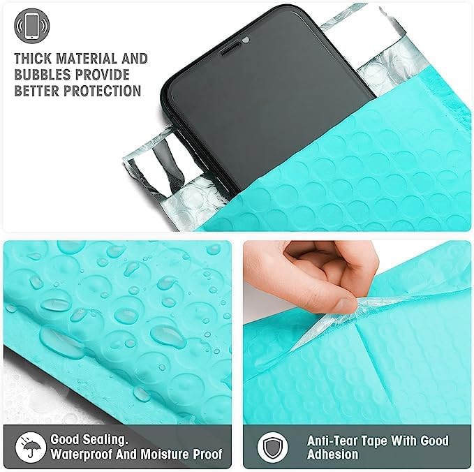Metronic 500pc Small Bubble Mailer 4x8 Inch Teal Waterproof Padded Envelopes,Self-Seal Small Bubble Mailers Cushioning Bubble Envelopes for Shipping,Jewelry Makeup Supplies, Packaging Bulk