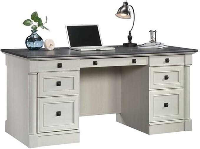 Sauder Palladia Office Desk with Drawers, Executive Desk with File Cabinet Storage, Cable Management, Keyboard Tray, in Glacier Oak Finish