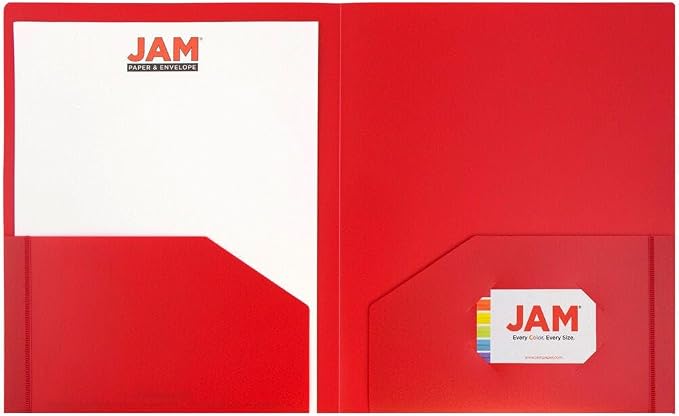 JAM PAPER Heavy Duty Plastic 2 Pocket Extra Tough School Folders - Red - Bulk 48/Pack