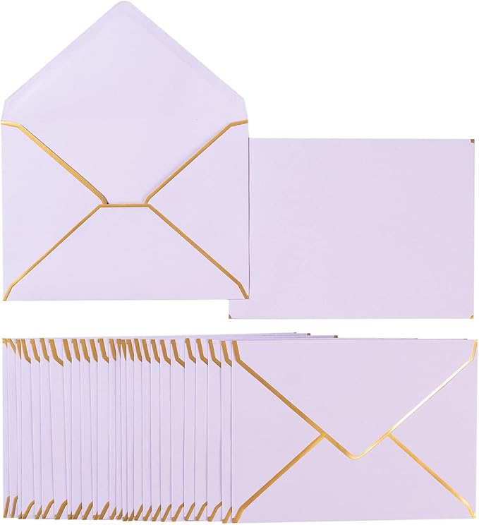 50 Pack A7 Envelopes Light Purple Violet 5 x 7 with Gold Border | Self-Adhesive, V Flap, For Wedding, Graduation, Baby Shower, Parties, Invitations