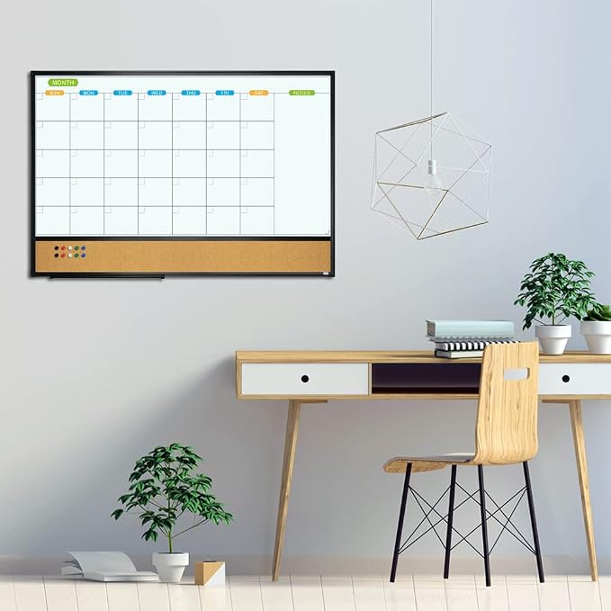 Magnetic Calendar Whiteboard & Bulletin Corkboard Combination, Combo Board 36 x 24 Inch, Black Aluminum Frame Wall Mounted Board for Office Home and School with 10 Push Pins