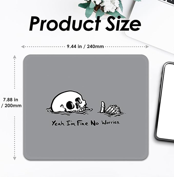 Mouse Pad with Stitched Edges - Funny Skull Mousepad for Women, 9.25 x 7.75 inch Washable Square Desk Pad, Non-Slip Rubber Base, Office Home Laptop Accessories - No Worries Skull