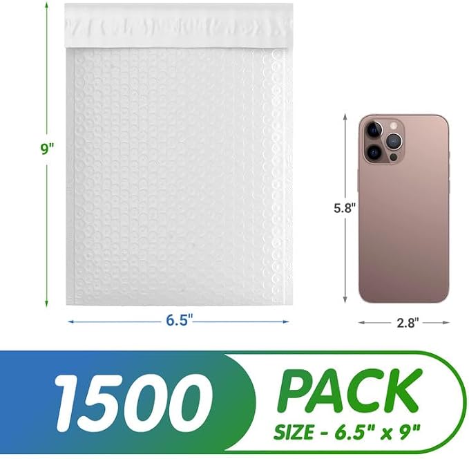White Poly Bubble Mailers 6.5 x 9 Inch. Pack of 1500 Padded Envelopes Waterproof. Self Seal Padded Mailers with Durable Seams. Lightweight Padded Shipping Envelopes for Mailing Fragile Things