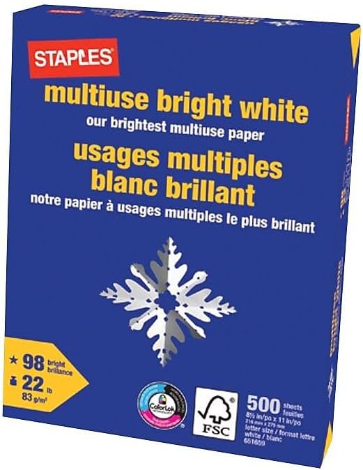 Staples Multipurpose Paper, 8 1/2" x 11", Bright White, Ream, For Office, School & Home
