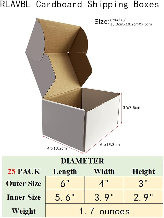 RLAVBL 6x4x3 Inches Shipping Boxes Set of 25, White Small Corrugated Cardboard Box, Mailer Boxes for Packing Small Business