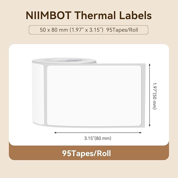 NIIMBOT Labels for B1/B21/B31 Label Maker, 50 x 80 mm (1.97'' x 3.15'') 95 Tapes/Roll, Thermal Label Tape, Waterproof, Oil-Proof for Home Office Small Business Labeling Tape Replacement(White)