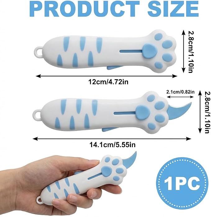 Cat Paw Box Cutter Cute Retractable Cat Box Cutter with Safety Lock | Mini Utility Knife with Ergonomic Paw Handle, Stainless Steel Blade for Opening Packages, Cardboard, Cartons & Tape