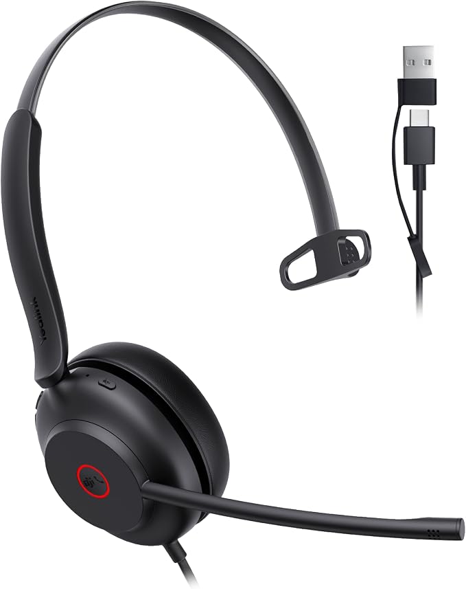 Yealink UH35 2nd Gen Wired Headset, USB-C/A,AI Noise Canceling Mic,HD Audio | Teams/Zoom Certified, Single-ear Headphones with 2-Microphones, Play&Plug for PC/Phone, Work,Calls,Online Meeting,5.6ft Cable