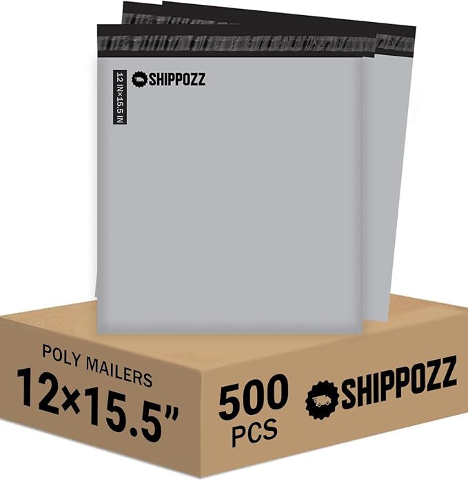 Shippozz 12x15.5 Poly Mailers 500 Pack, Durable Waterproof Polymailers for Shipping Clothes, Self Seal Mailing Bags for Small Business Packaging Supplies, Mailing Envelopes for Books, and Accessories