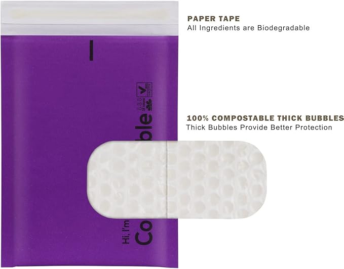 6x10 100% Biodegradable Bubble Mailers,25 Count Kraft Purple #0 Compostable Padded Packaging Wrap Envelopes Pouches Eco Friendly Self Seal Bags