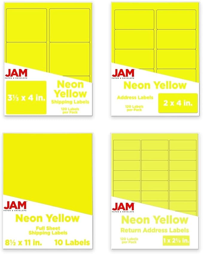 JAM PAPER Shipping & Mailing Address Labels - Multi Size Assortment - Neon Yellow - 370/Pack