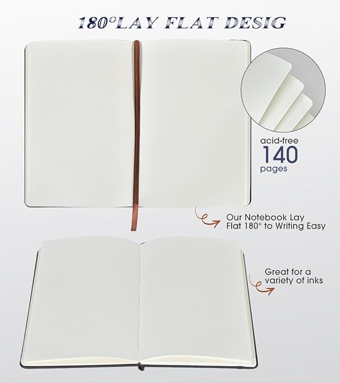 Blank Journal Notebook for Women Men, Hardcover Leather Sketchbook 5.7"×8.3", 140 Pages Unlined Sketch book for Drawing, Writing, Travel, School & Work, Journaling Notebooks (Black)