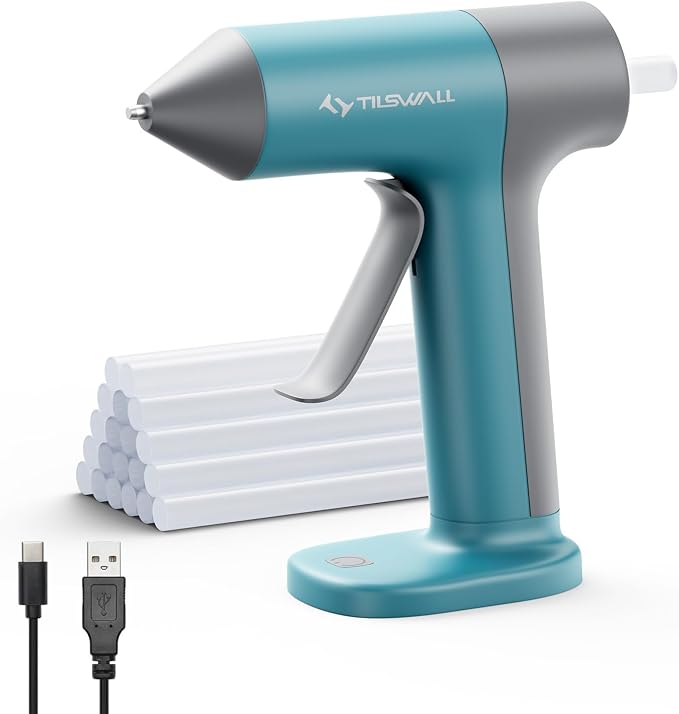Tilswall Cordless Hot Glue Gun, 30s Fast Preheating, Rechargeable | Hot Melt Glue Gun with Smart Power-Off, 20pcs Premius Glue Sticks, USB-C Inputs Ideal for DIY Craft, Home Repaire W106 Blue