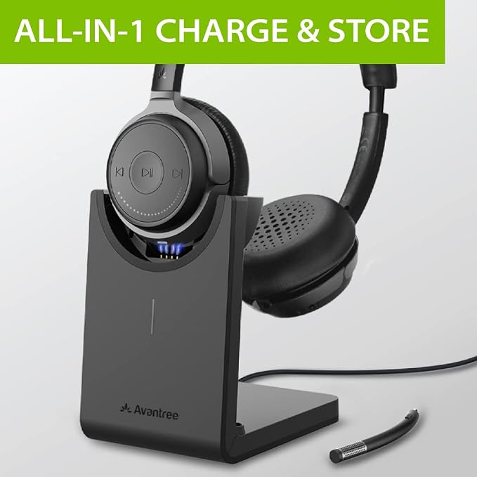 Avantree Alto Clair - Bluetooth Headset with Mic and Charging Base | aptX HD headset with detachable microphone, mute control, charging base.