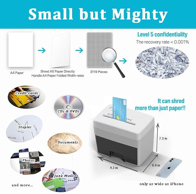 Micro Cut Paper Shredder for Home Office - Mini Electric Desktop Shredder with Cross-Cut, Confidential Document Security for Private/Individual Offices, White & Space-Saving
