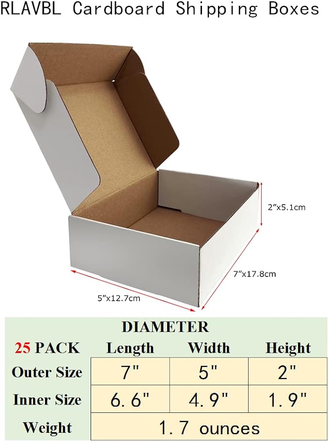RLAVBL 7x5x2 Inches Shipping Boxes Set of 25, White Small Corrugated Cardboard Box, Mailer Boxes for Packing Small Business
