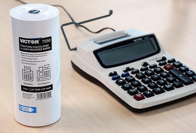 Victor 7050 Compact White Paper Rolls for Handheld and Portable Printing Calculators/Adding Machines/Ink Print Cash Registers 2.25” W x 150' FT (6-Pack)