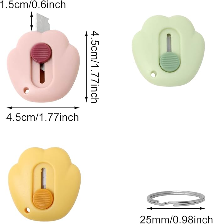 Honbay 6PCS Creative Cute Cat Paw Mini Utility Knives Portable Art Knife Retractable Envelope Knife Letter Opener Carton Opener Box Cutter with Hanging Hole - 12PCS Key Rings as Gift