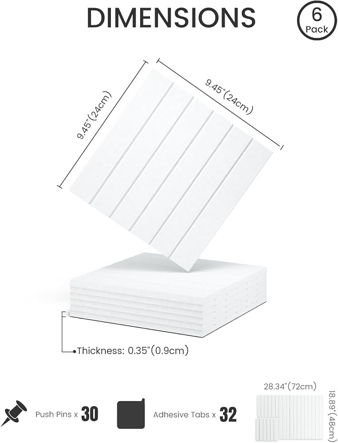 28" x 18" Felt Bulletin Board Tiles, Fine Stripe, Cold White | 6-Pack Cork Board Alternative, 30 Adhesive Tabs, Push Pin Board, Wall Decor, Office, Home, Classroom, Dorm