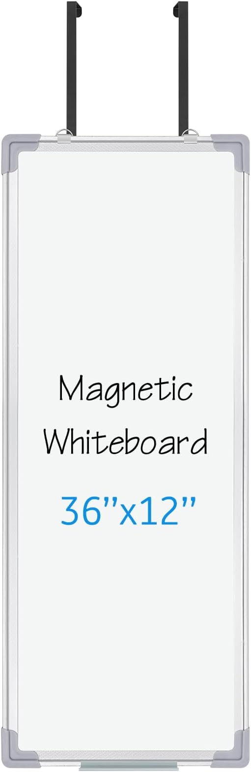 36 x 12 Inch Over the Door Whiteboard Hanging Dry Erase Board for Door 4 Adjustable Heights Aluminum Frame Small White Board for Dorm Home Office Cubicle Wall, Horizontal Vertical Installation