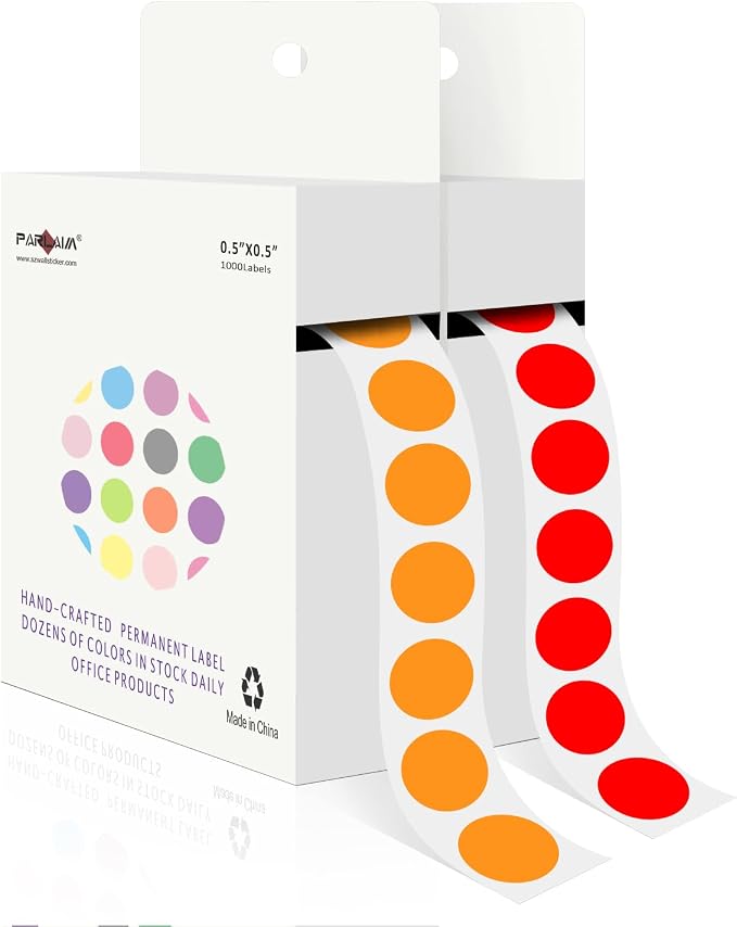 PARLAIM 1/2" Round Color-Code Dot Stickers,Adhesive 2000 Stickers Rolls dots Label Dispenser Box Orange Circle Stickers Labels(Orange+Red)