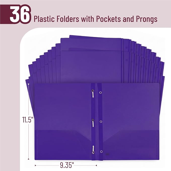 Mr. Pen- Plastic Folders with Pockets and Prongs, 36 Pack, Letter Size | Letter Size, Flexible Plastic Folders with Prongs and Card Slot