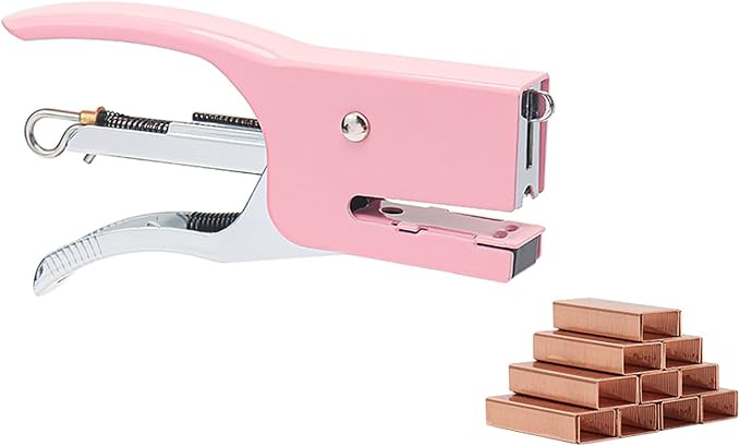 Pink Plier Stapler & 1000 No.10 Rose Gold Staples | 15 Sheet Capacity Staples for Office School Home Desk Accessories Supplies