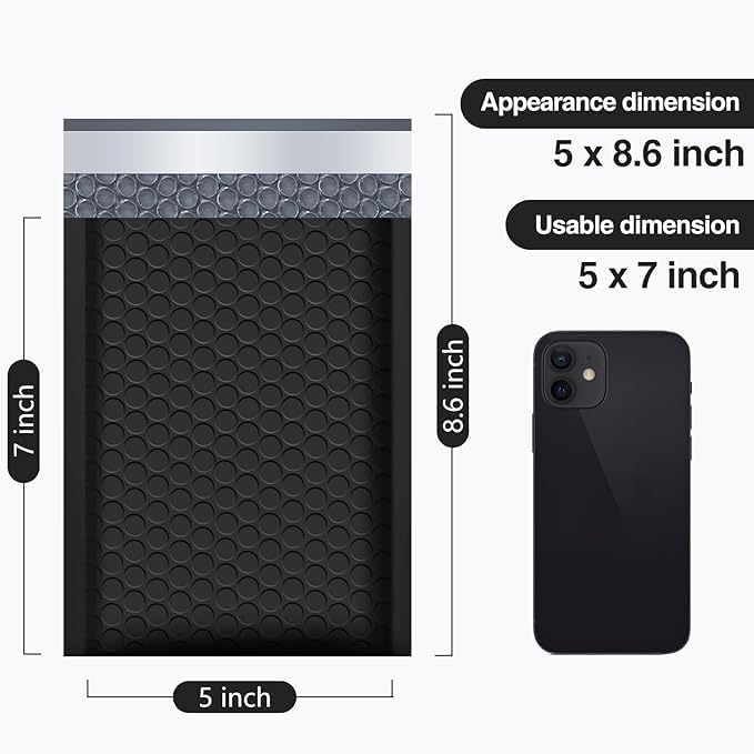 Koja Extra Thick Padded Bubble Mailers, 5x8.6 in, 50-Pack, Black | Self-seal closure for secure packaging. Ideal for shipping, mailing, and small business use.