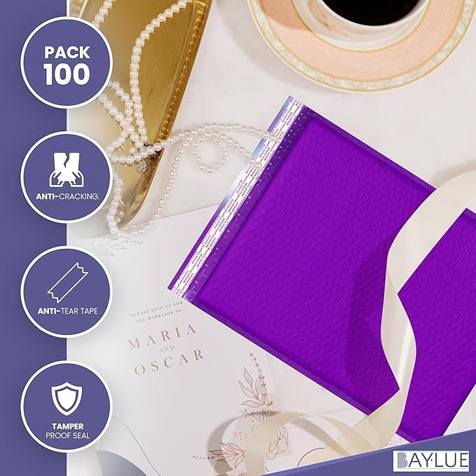 Purple 12.5x19.5 Inch Large Poly Bubble Mailers #6 | Padded Envelopes with Self Seal | Air Lined Cushioned Bubble Mailer | Usable Size 12.5x15 | 100 Pack Bulk | Lightweight shipping Bags