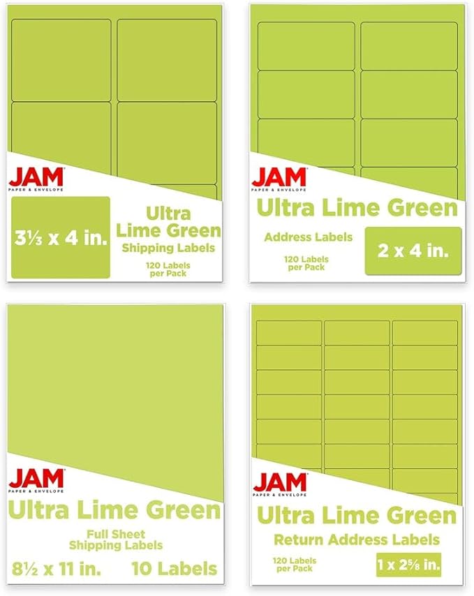 JAM PAPER Shipping & Mailing Address Labels - Multi Size Assortment - Lime Green - 370/Pack